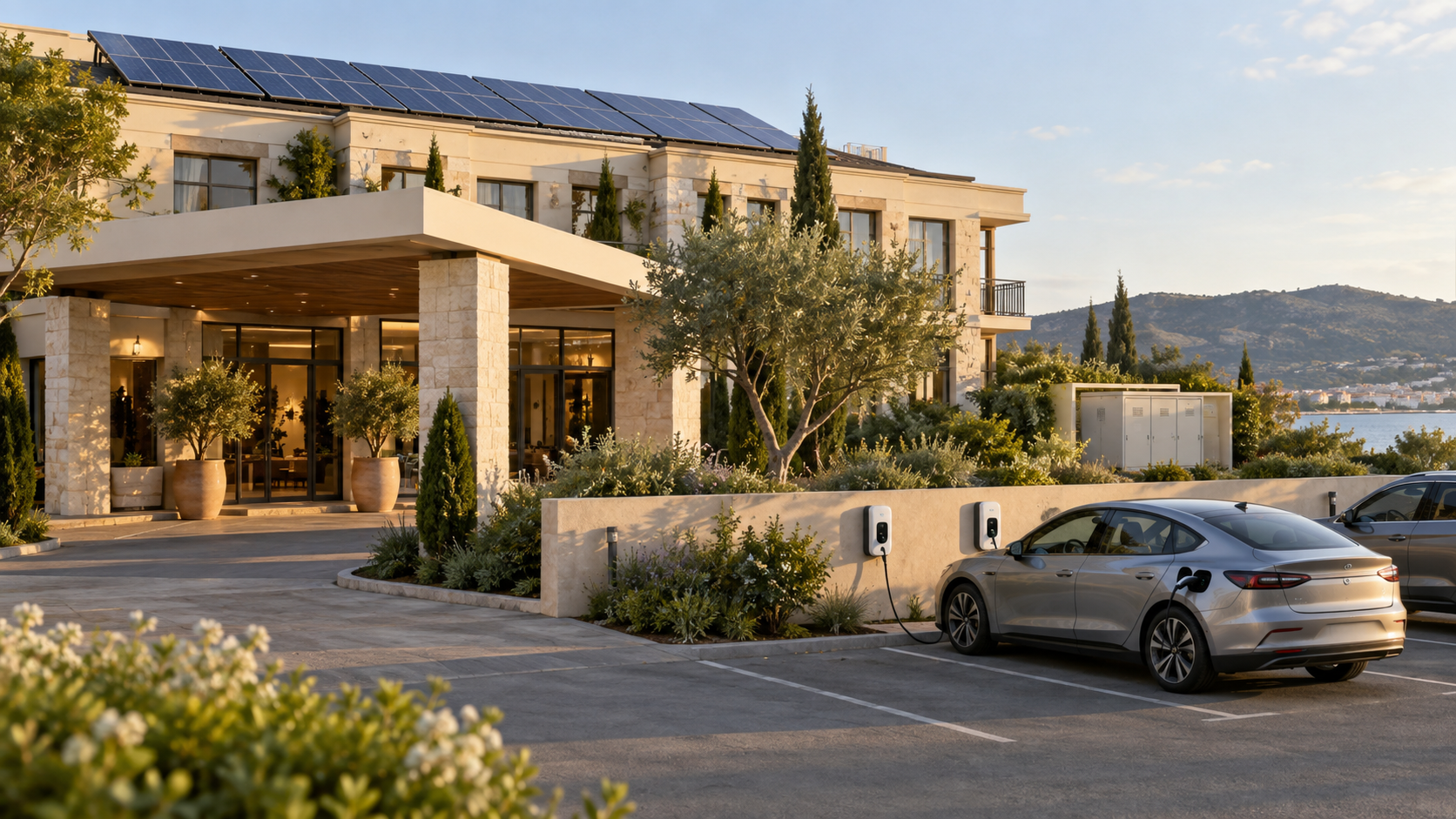 Hotel guest EV destination charging beside a building with rooftop solar panels