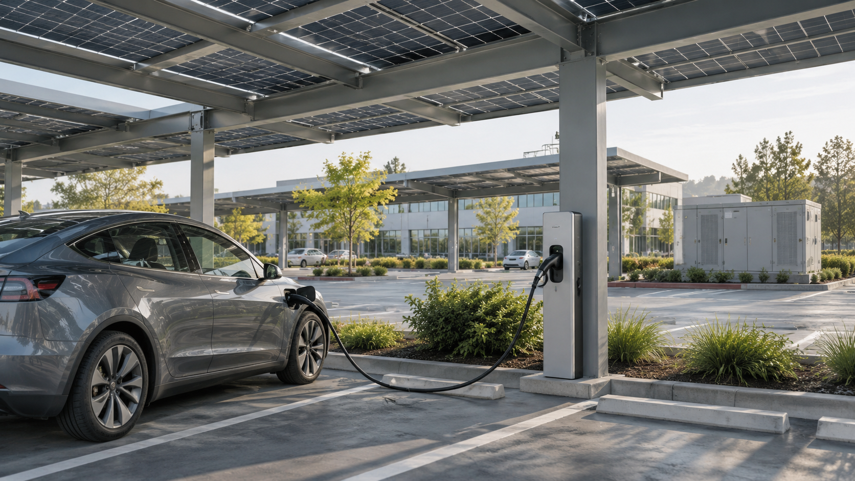 Solar carport EV charging at a commercial parking lot