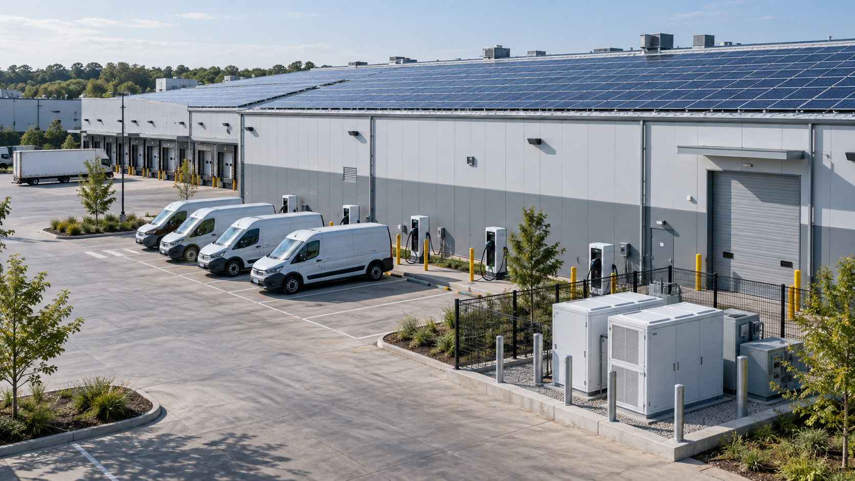 Electric delivery fleet charging at a logistics depot with rooftop solar and battery equipment