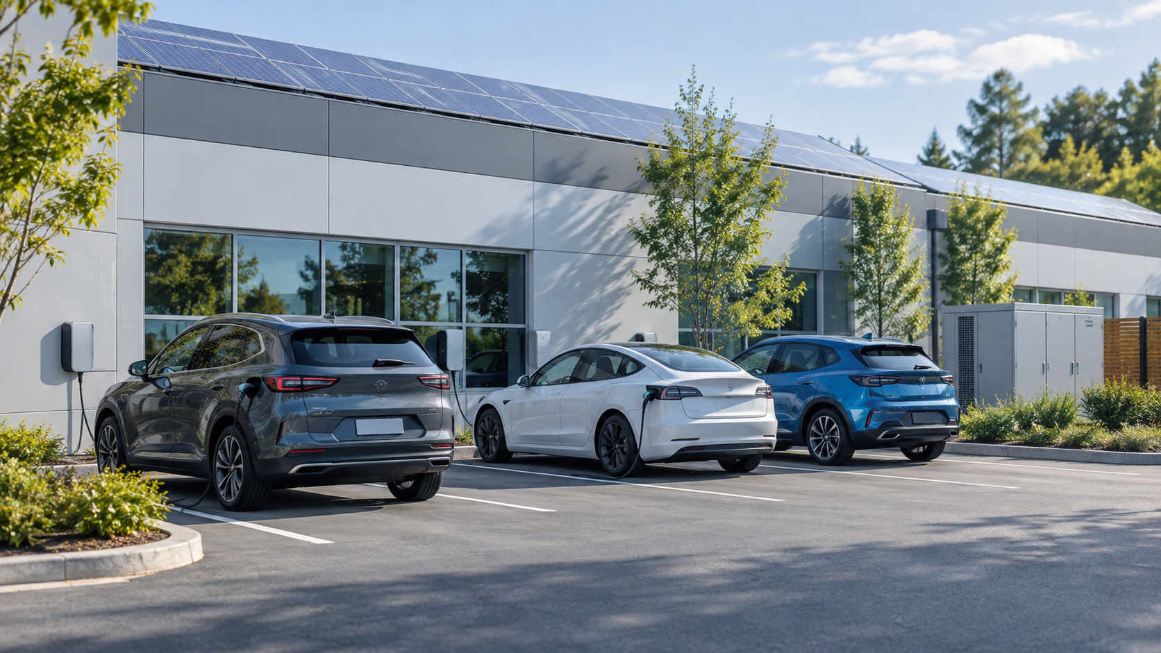 Workplace EV charging beside an office building with rooftop solar panels
