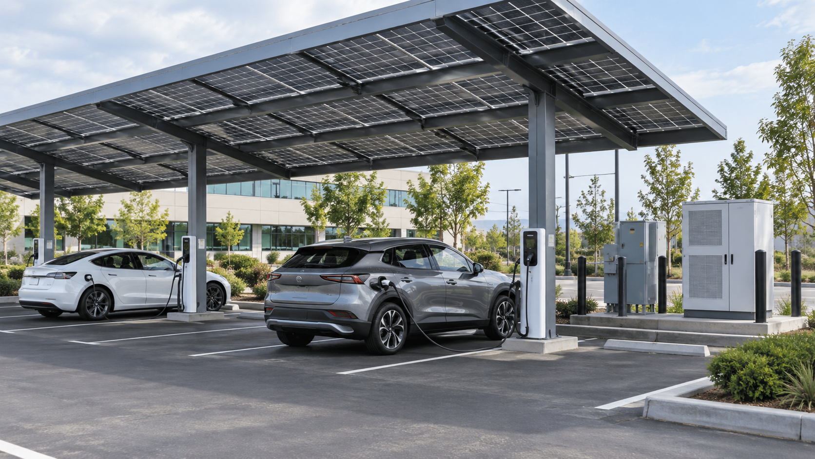 Commercial solar carport with EV chargers and onsite battery equipment
