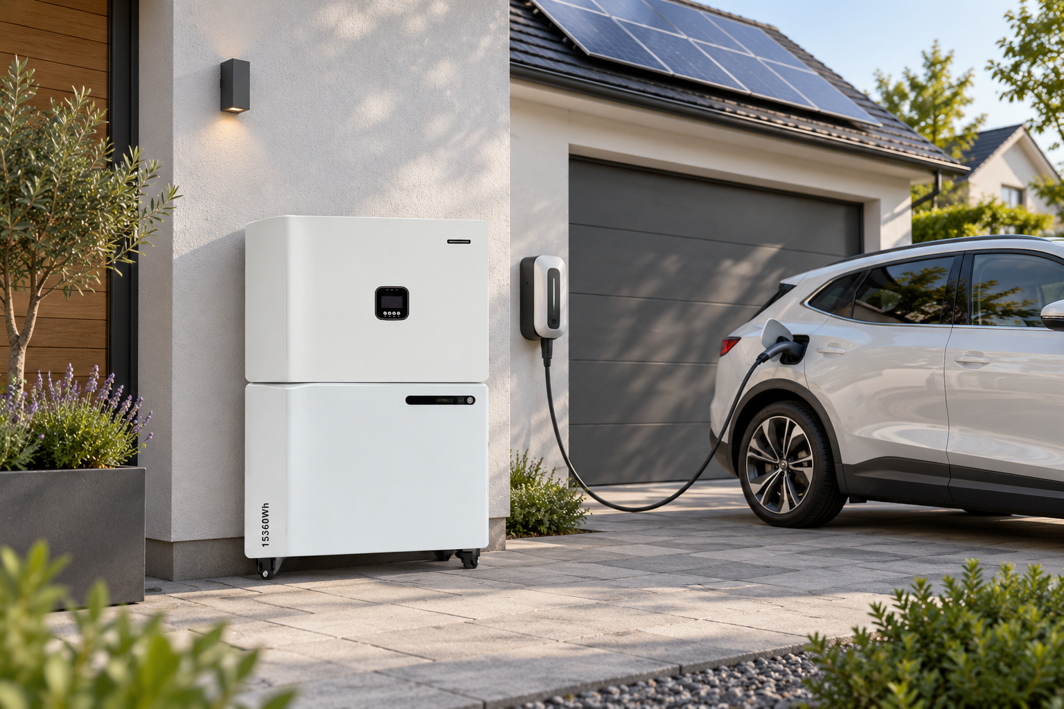 Residential solar-storage-charging scene with rooftop solar panels, OLINK home energy storage system and an electric vehicle charging in the driveway